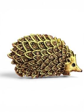 Gold Tone Rhinestone Hedgehog Brooch Brown Crystal Woodland Animal Pin